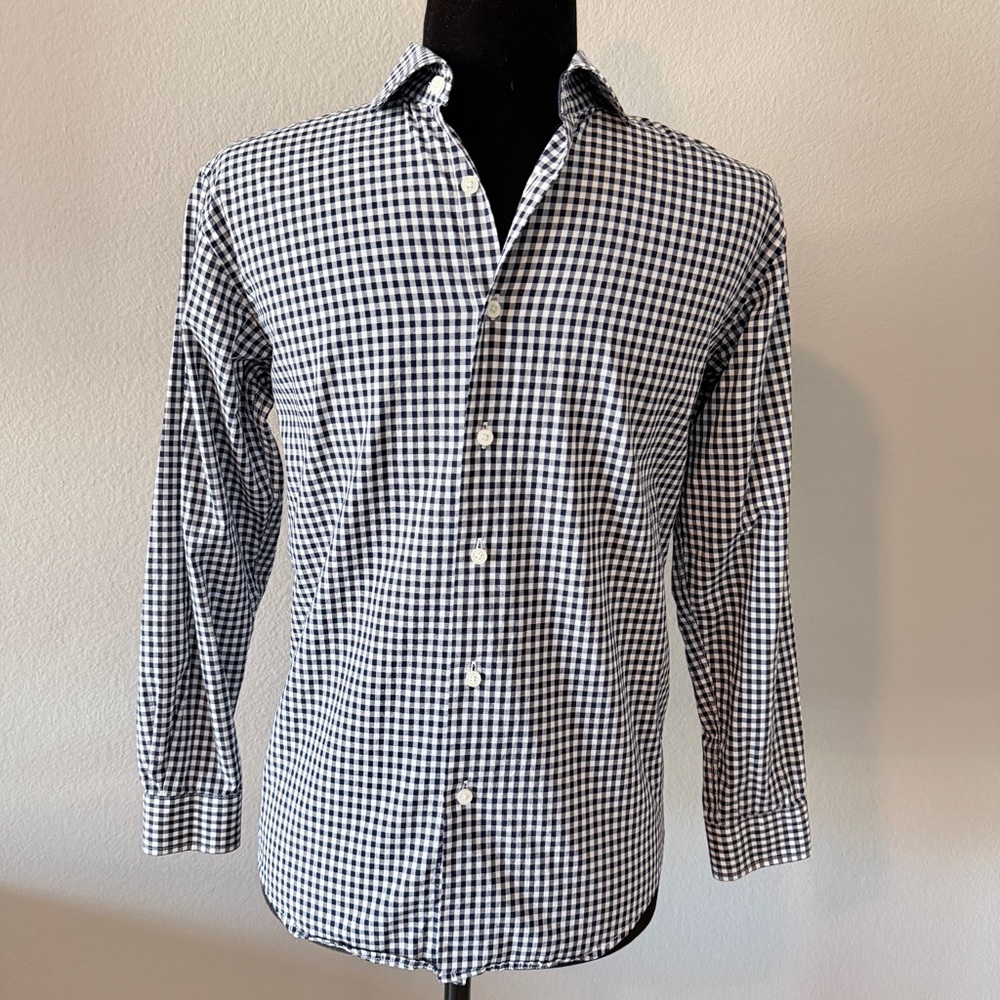Boys Size 12 Isaac Mizrahi Navy Blue and White Gingham Button Down Shirt